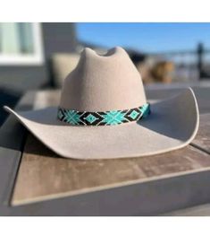 Turquoise Hat Band, Cowboy Hat Accessories, Cowgirl Hat Bands, Hat Burning, Teal Hat, Cowboy Hat Bands, Beaded Hat Bands, Country Hats, Hat Bands