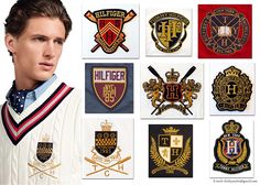 a young man is wearing many different patches