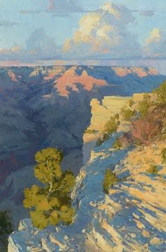 an oil painting of the grand canyon with trees in the foreground and clouds in the background