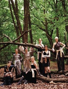 a group of women standing on top of a fallen tree