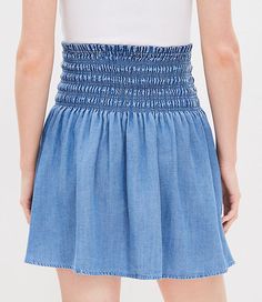 In an airy fluid woven, this skirt dances from an artful and flattering smocked waist. Elasticized waist.,Hit:Hit: Mini - Hits above the knee,Imported:Imported,Length:18 1/2" long,Fabrication:Shell: 83% Rayon, 17% Nylon; Lining: 100% Rayon,Garment Care:Machine Washable Loft Chambray Smocked Skirt Size 2XS Mezzo Blue Wash Women's by Loft Size Regular - 2XS Mezzo Blue Wash Women's Shell:, 83%, Rayon, 17%, Nylon;, Lining:, 100%, Rayon, Machine, Washable Smocked Skirt, Petite Skirt, Exclusive Clothing, Color Crush, Linen Shop, Sweater Sale, Petite Dresses, Petite Size, Above The Knee