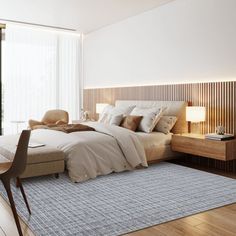 a large bed sitting next to a window in a bedroom on top of a hard wood floor