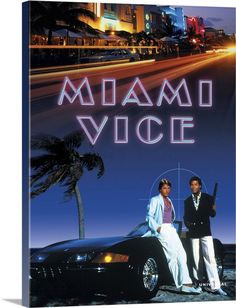 the movie poster for miami vice starring two men standing next to a black car with palm trees in the background