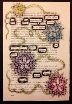 an altered book page with flowers on it