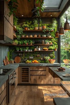 a kitchen filled with lots of green plants and wooden shelves next to a stove top oven