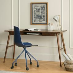 a blue chair sitting next to a wooden desk