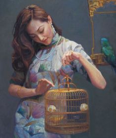 a painting of a woman holding a bird in a cage and looking down at it