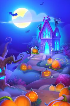 an animated halloween scene with pumpkins in the foreground and a church on the other side