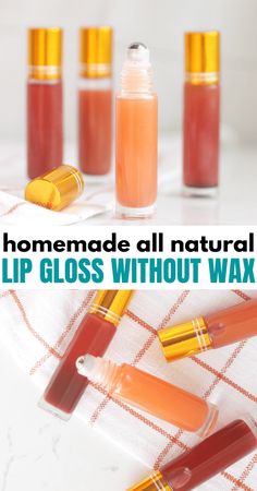 How to make easy DIY lip gloss without beeswax or any wax at all. You only need a few all natural ingredients like coconut oil, vitamin E oil and a few drops of your favorite essential oil to scent it. This homemade lip gloss makes a great gift too! Homemade Lip Gloss, Diy Lipgloss