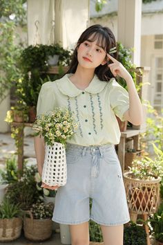 Flower Vines Embroidered Blouse (2 Colors) Flower Vines, Teacher Clothes, Modesty Outfits, Button Hole, High Rise Denim Shorts, Flowering Vines