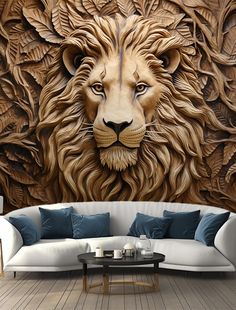 a living room with a couch, table and large wall mural depicting a lion's head