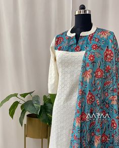 Unique cream hakoba n teal muslin printed kurti n dupatta. No bottom. Free shipping within india. For orders n queries, kindly whatsapp 9994467340/ Inbox. #kurti #hakobakurtis #printeddupatta #tealdupatta #aarraabyumaanand #coimbatoreboutique #coimbatoreshopping #chennaishopping Kurti Neck Models, Hakoba Outfits, Muslin Kurti Design, Stitch Dress Design, Hakoba Dress Designs, Chudidhar Designs For Stitching, Kurtis Models