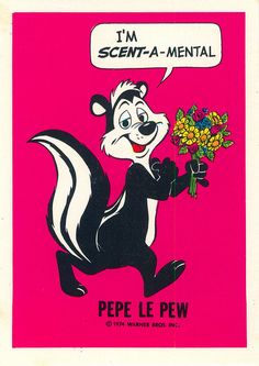 a cartoon book with a skunky holding flowers and saying i'm scent - a - mental