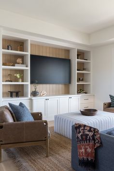 a living room filled with furniture and a flat screen tv mounted to the side of a wall