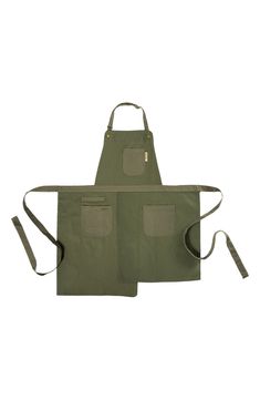 an apron with two pockets on the front and one pocket on the back, in olive green