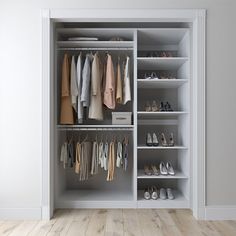 an open closet with clothes and shoes