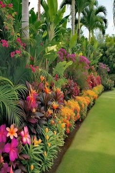 colorful flowers line the side of a long row of palm trees and other tropical plants