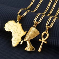 DEALS: Set of 3 - Africa Map / Nefertiti / Ankh Necklaces Nefertiti Pendant, Nefertiti Necklace, Africa Necklace, Egyptian Queen Nefertiti, Ankh Necklace, Ankh Cross, Three Necklaces, Figaro Necklace, Queen Nefertiti