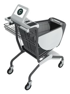 a shopping cart with an electronic device in the front and on the back, sitting upright against a white background