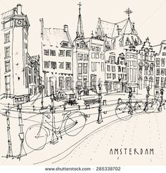 an ink drawing of amsterdam cityscape