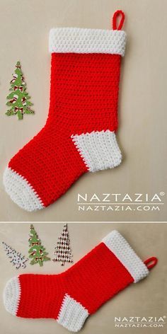 crocheted christmas stocking and tree decoration made from red yarn with white trim