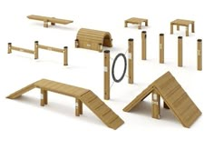 a series of wooden benches and ramps for children's play area, including one with a slide