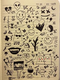 an open notebook with doodles and drawings on the pages, all drawn in different ways