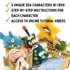 an open box filled with stuffed animals and text that reads, unique sea characters in box step - by - step instructions for each character access to online video