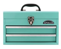 an aqua toolbox with two drawers and a handle