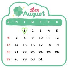 a calendar for the month of august with shamrocks and stars on it, as well as