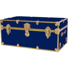 a large blue trunk with gold trimmings on the sides and handles, is shown