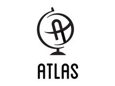 the atlas logo is shown in black and white, with an image of a globe on top