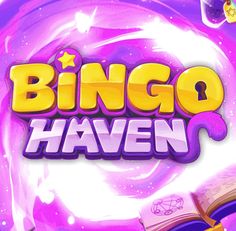 the logo for bingo haven with an open book in front of it and a purple background