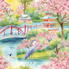 a watercolor painting of a bird standing on the bank of a river with cherry blossom trees in the background