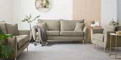 modern 3 piece living room furniture set 2 seater, 3 seater sofas and armchair with winged back cushions. in putty beige velvet on tapered gold legs Modern Sofa