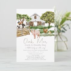 a card with an image of farm animals in front of a white barn and fence