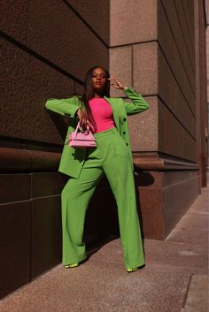 Power Suits For Women, Neon Green Outfits, Le Chiquito Long, Powerful Woman, Color Blocking Outfits, Suede Tops, Green Power, Woman Suit Fashion, Power Suit