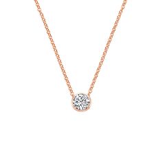 Bezel Pendant - 14K Rose Gold. A bezel setting accentuates the center diamond in this pendant for a contemporary, symmetrical look. The pendant is suspended from a delicate cable chain. Bezel Pendant, 3 Carat, 2 Carat, 1 Carat, Lab Diamonds, Round Cut Diamond, Bezel Setting, Eternity Ring, Cable Chain