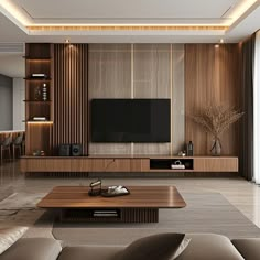 modern living room with wood paneling and large tv on the wall, leather couches