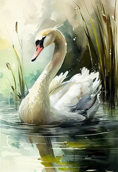 a watercolor painting of a white swan swimming in the water with tall grass behind it