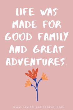 a pink background with the words life was made for good family and great adventures on it