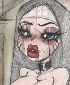 a drawing of a woman with blue eyes and red lips, wearing a choker