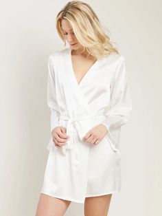 Langley Robe in Chalk - Morgan Lane Silk V-neck Kimono For Daywear, Satin V-neck Robe For Daywear, Elegant Satin Kimono With Satin Finish, Spring Silk Robe With V-neck, Spring Silk V-neck Robe, Spring Satin V-neck Robe, Elegant Satin Kimono, Elegant Satin Wrap Kimono, Elegant V-neck Kimono For Daywear