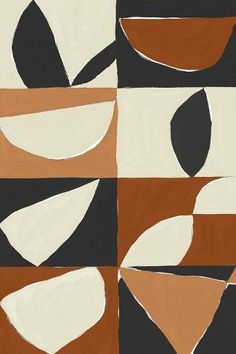 an abstract painting with black, orange and white shapes