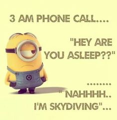 a minion with the caption 3 am phone call hey are you asleep? i'm skydiving