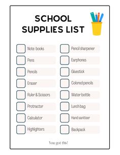 a school supplies list with pencils, pens and books in the top right corner