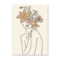 a drawing of a woman with flowers in her hair, on a beige and white background