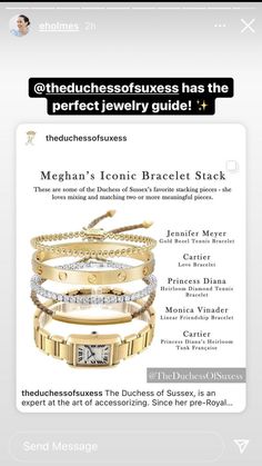 Cartier Love Bracelet Stack Ideas, Cartier Love Bracelet Apple Watch, Stacked Watch And Bracelets, Stackable Bracelets With Watch, Meghan Markle Bracelet Stack, Michele Watch Stack, Tennis Bracelet Diamond Cartier, Elegant Jewelry Classy Gold, How To Stack Jewelry