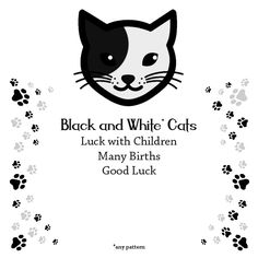 a black and white cat's face with paw prints on the bottom right corner