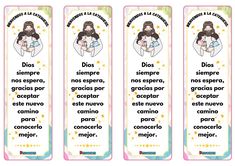 three spanish bookmarks with pictures of jesus and baby jesus in the middle one has words that say dios, sempre, no sempre, espere, grigera, grecia